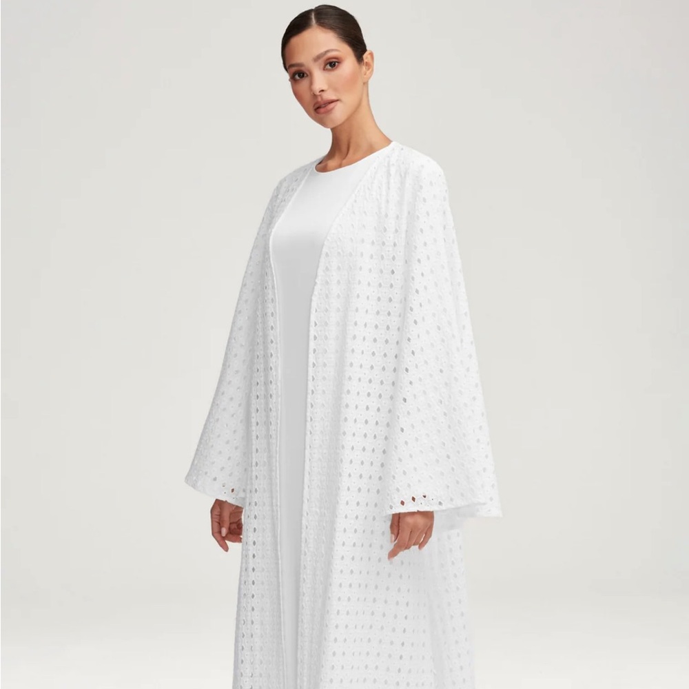 Veiled Collection Nabila White Eyelet Open Abaya Dress